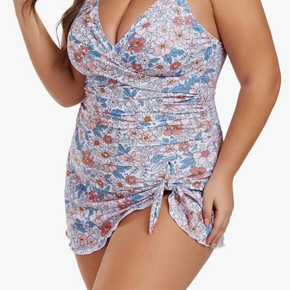 Colorful Floral One Piece Ruched Swim Dress Cruise Resort Pool Beach Vacation - Picture 2 of 8